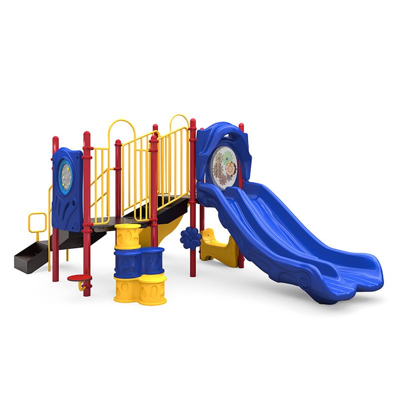 Colorful playground structure with double blue slides, yellow railings, climbing elements, interactive gear panel, rain wheel, and maze panel.