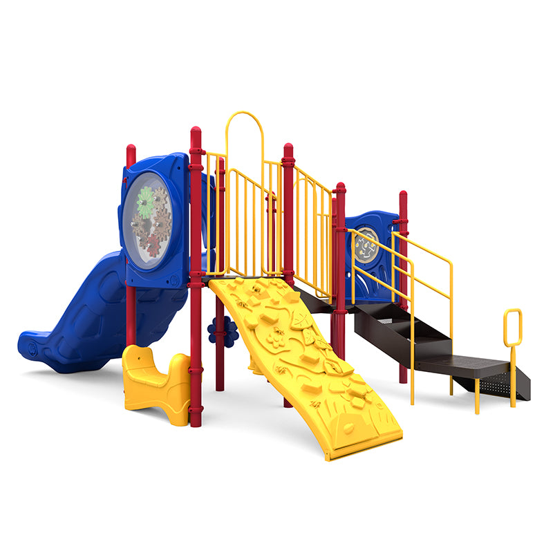 Colorful playground structure with double slide, rock climber, gears panel, maze panel, rain wheel, and saddle seat for active play.