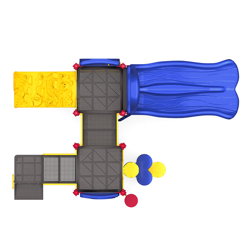 Overhead view of colorful playground with double blue slides, yellow climbing wall, interactive gear and maze panels, and rain wheel