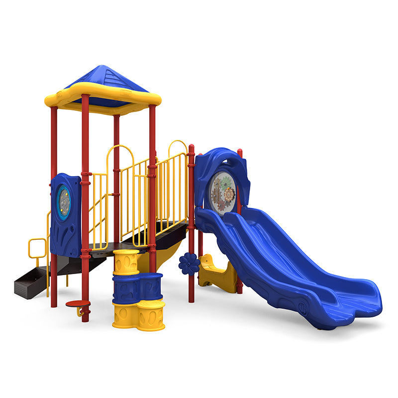 Colorful playground structure with double blue slides, yellow railings, climbing elements, interactive gear panel, and maze features.
