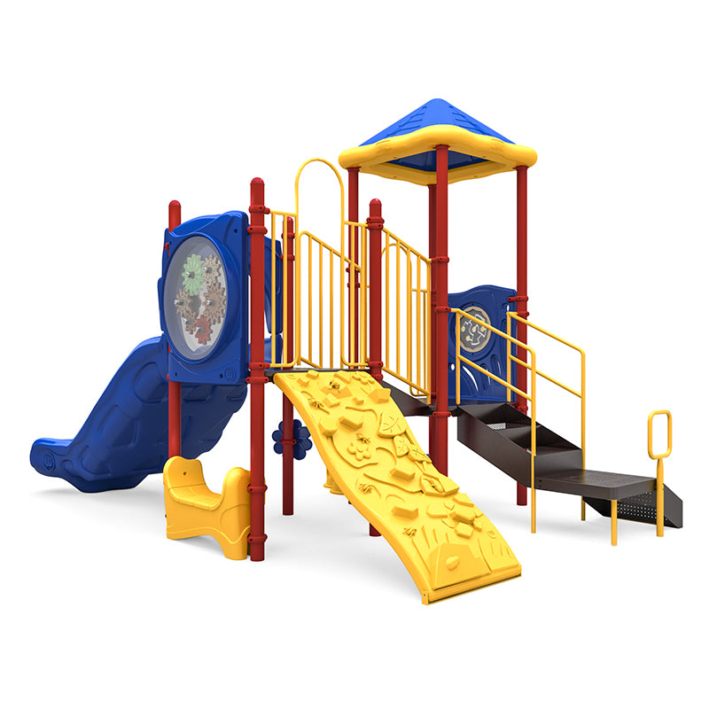 Colorful playground structure with double slide, rock climber, gears panel, maze panel, rain wheel, and saddle seat for active kids' play.