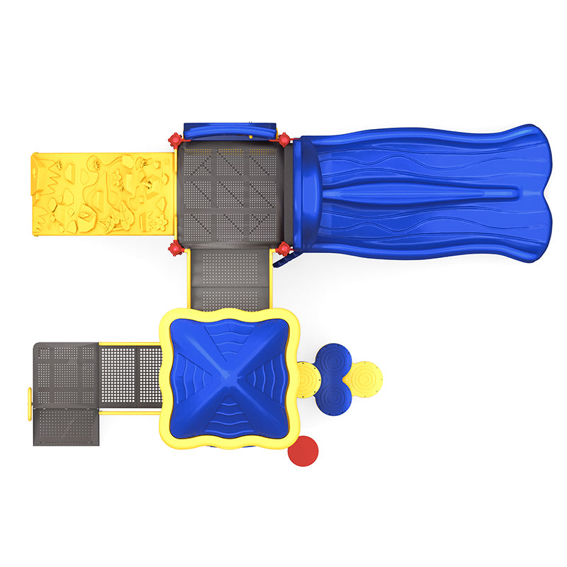Overhead view of colorful playground with double blue slide, climbing wall, platforms, interactive gears and maze panels, and rain wheel.