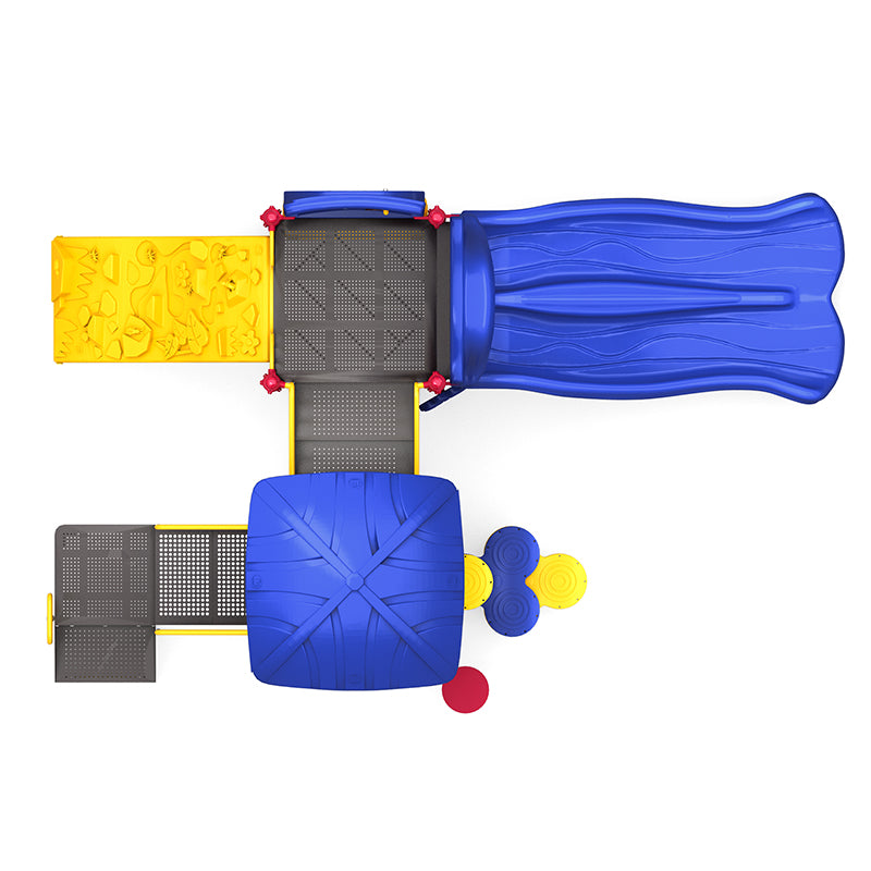 Overhead view of colorful playground with double blue slide, yellow climbing wall, interactive gears and maze panels, and rain wheel