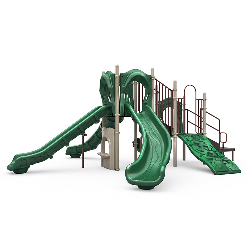 Green and beige playground structure with four slides, rock climbing wall, stairs, and musical bongos for active play