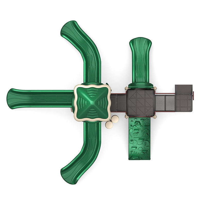 Overhead view of green playground structure with four slides, rock climbing wall, connected platforms, and musical bongos