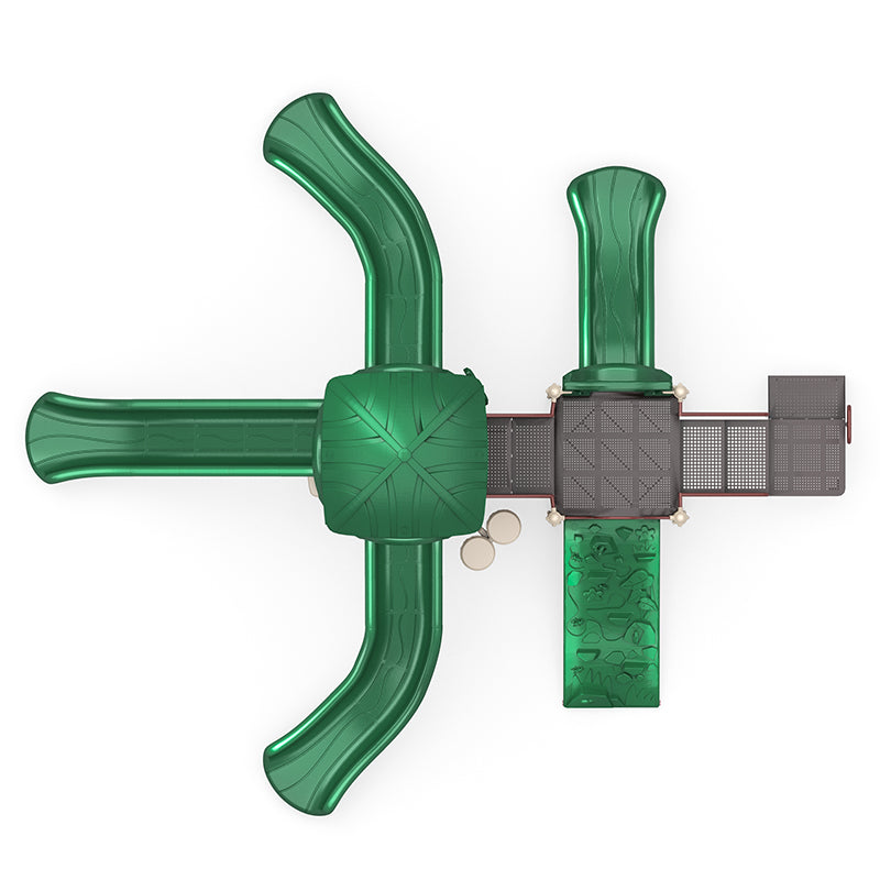 Overhead view of green playground structure with multiple slides, rock climbing wall, platforms, and musical bongos
