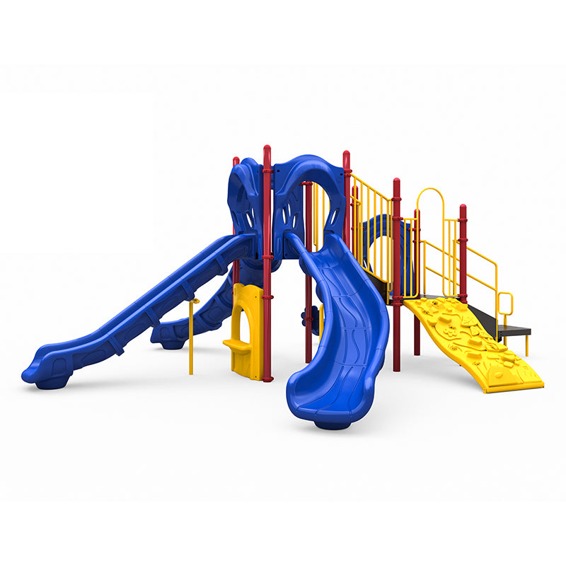 Colorful playground structure with blue slides, yellow rock climbing wall, red support posts, and musical bongos for active play