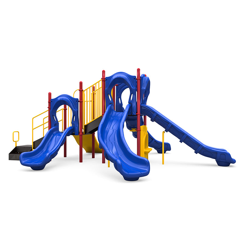 Colorful playground structure with four blue slides, yellow railings, red supports, rock climber, and musical bongos.