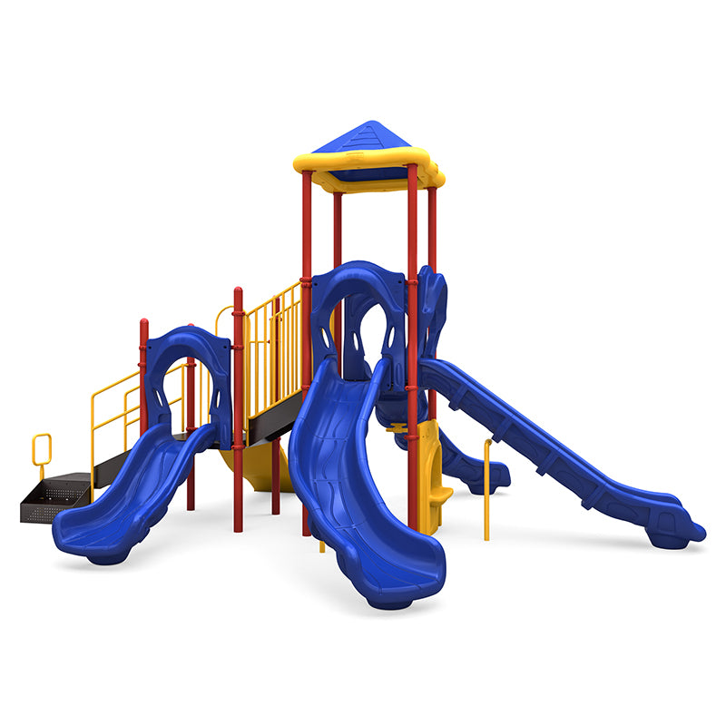 Colorful playground structure with four blue slides, yellow railings, a covered climbing platform, rock climber, and musical bongos.