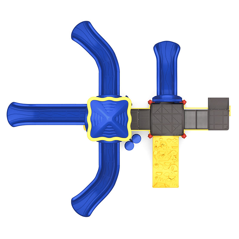 Overhead view of blue and yellow playground with four slides, rock climbing wall, and musical bongos