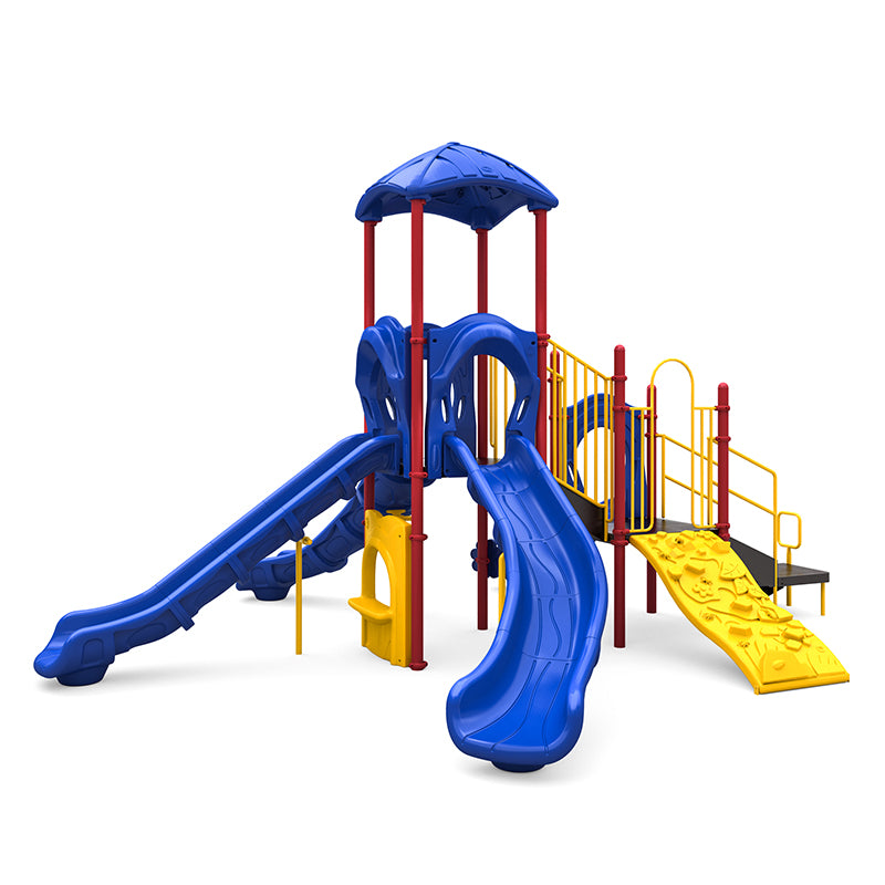 Mount Rainier Playground with primary leaf roof, blue slides, yellow climbing wall, red support posts, and musical bongos