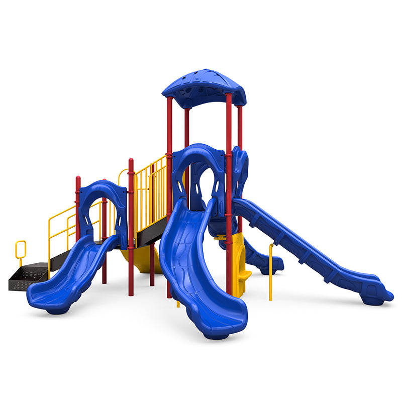 Colorful playground structure with four blue slides, yellow railings, red supports, a covered platform, rock climber, and bongos.