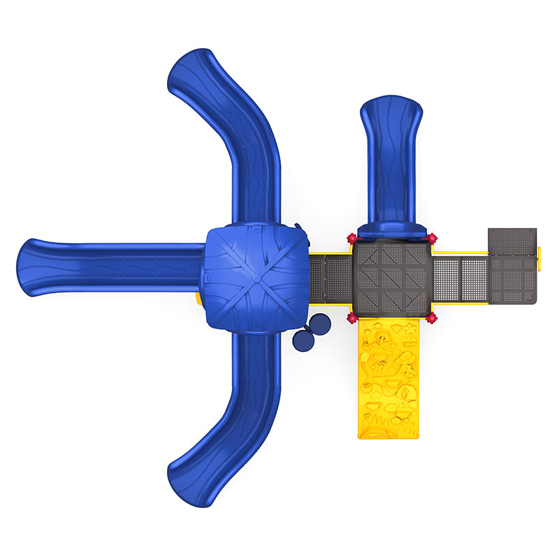 Overhead view of playground structure with four blue slides, yellow climbing wall, and musical bongos