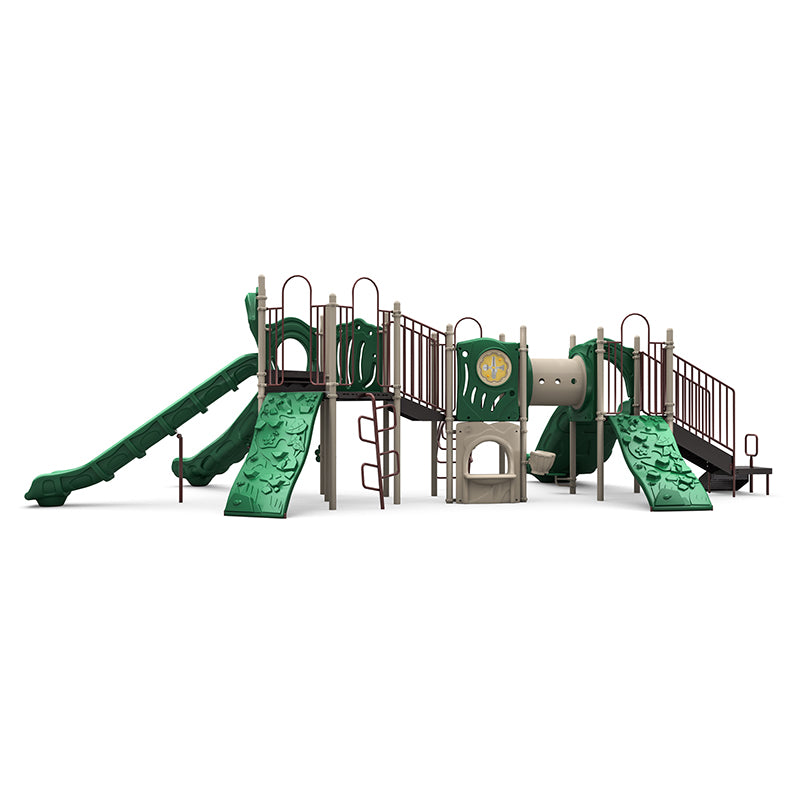 Neutral-toned playground structure with multiple slides, climbing walls, crawl tunnel, and musical bongo panel