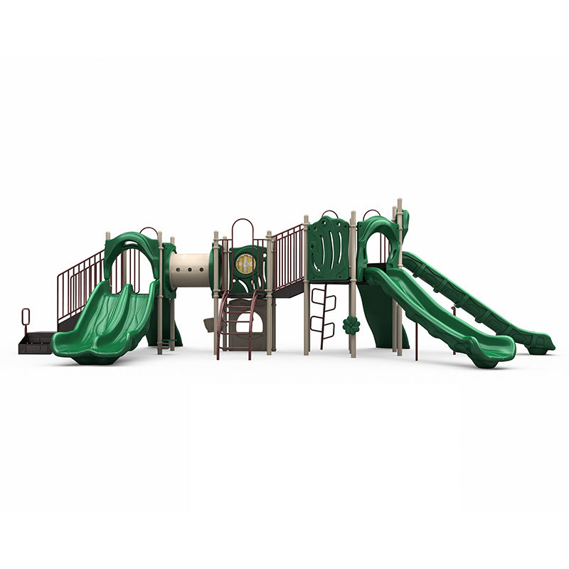 Large green playground structure with double and single slides, crawl tunnel, climbers, and musical bongo panel
