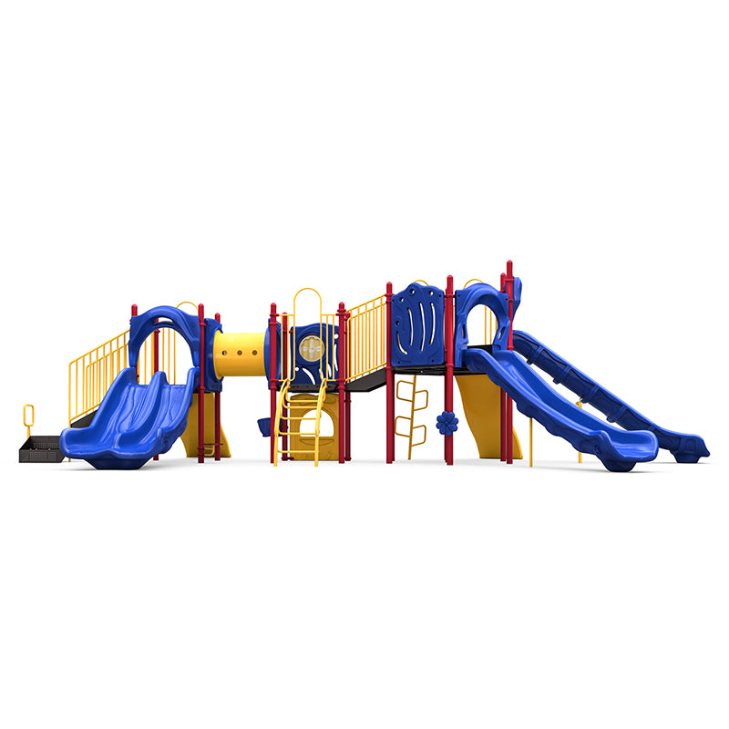 Harper's Place Playground with sectional, double, and single slides, wing and arch climbers, crawl tunnel, and bongo musical element