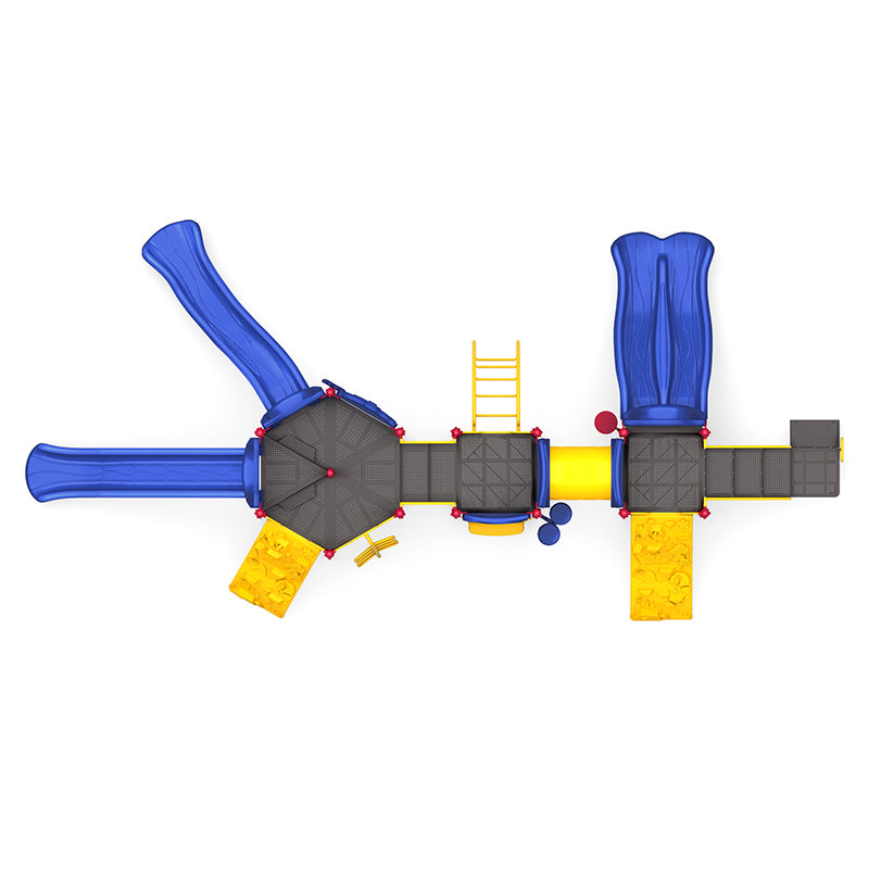 Overhead view of colorful playground with multiple blue slides, yellow climbing walls, ladders, crawl tunnel, and musical bongos