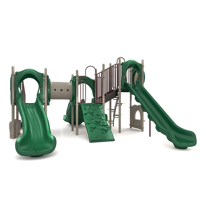 Carousel Playground with green slides, rock climber, tunnel, interactive panels, and neutral large play system features
