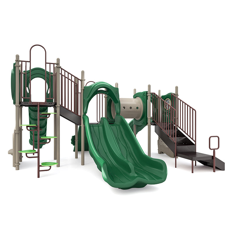 Green and beige playground structure with triple slide, climbing steps, tunnel, handrails, maze and world map panels, and rain wheel.