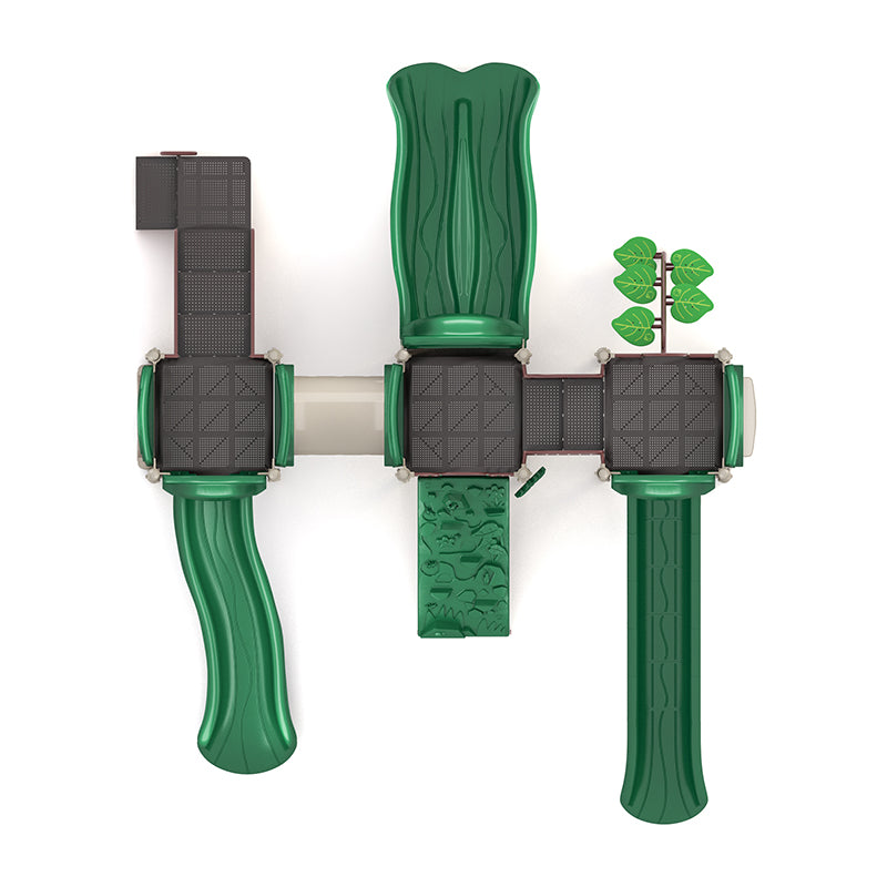 Overhead view of a green and brown playground structure with slides, climbing panels, leaf-shaped steps, and interactive play features