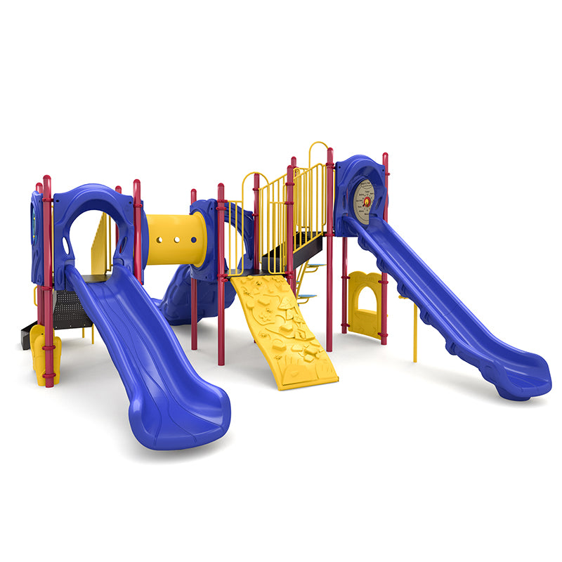 Colorful playground structure with blue slides, yellow climbing wall, tunnel, maze and world map panels, and interactive play features