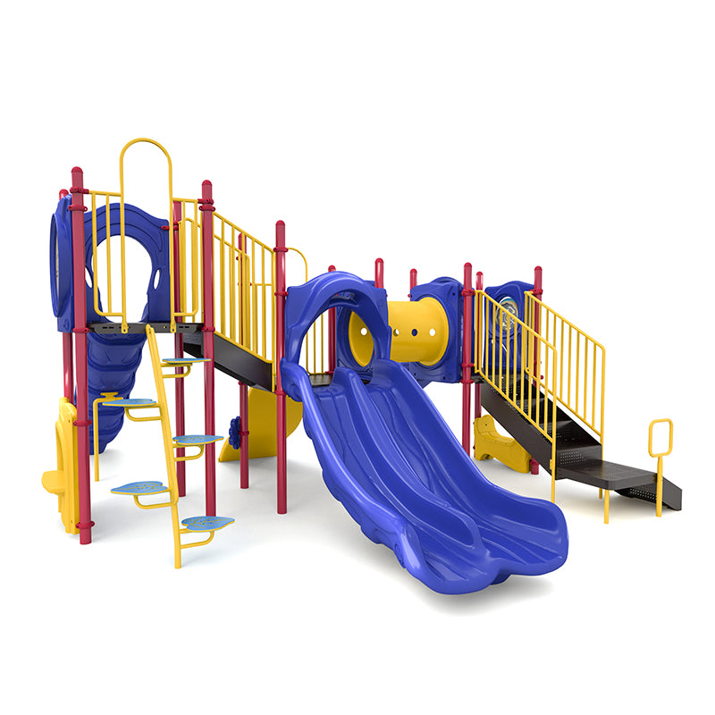 Colorful playground structure with double blue slides, yellow climbing steps, tunnel, and interactive play panels.