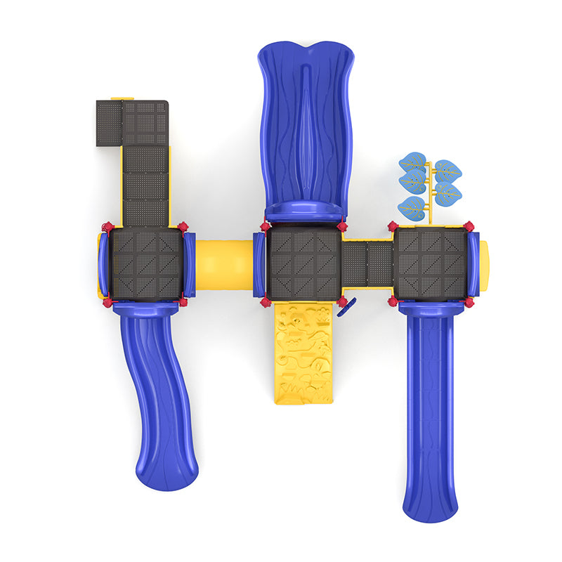 Overhead view of colorful playground with multiple slides, climbing panels, interactive maze, world map, rain wheel, and saddle seat