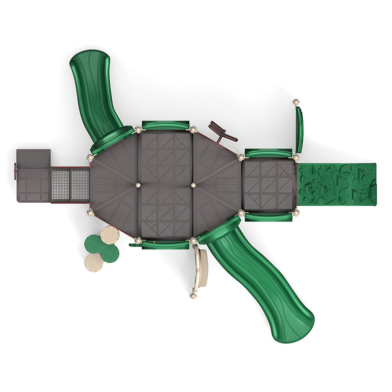 Overhead view of commercial outdoor play system with two green slides, rock climbing wall, multiple climbers, and interactive panels