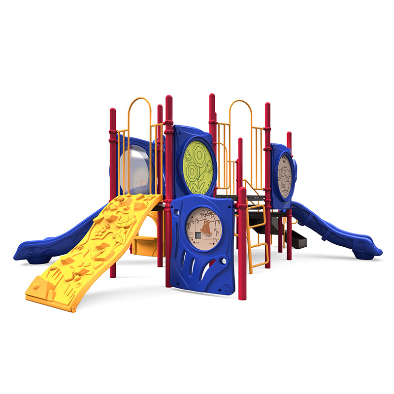 Ahoy Mate Playground with blue and red structure, yellow rock climber, two slides, interactive panels including world map and puzzle features.