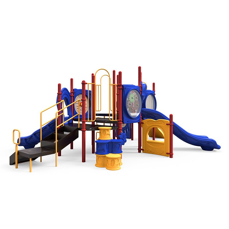 Commercial nautical playground with two blue slides, yellow railings, climbing features, and interactive play panels.