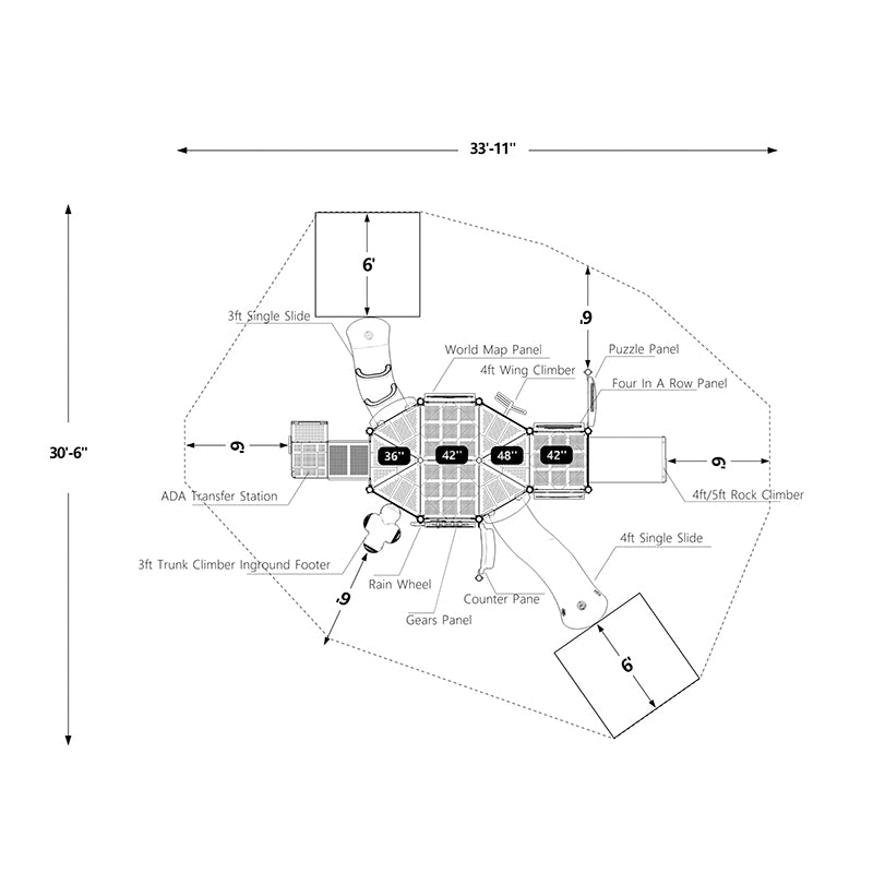 Overhead view of commercial playground with two slides, rock, wing, trunk climbers, interactive panels, and accessible entry