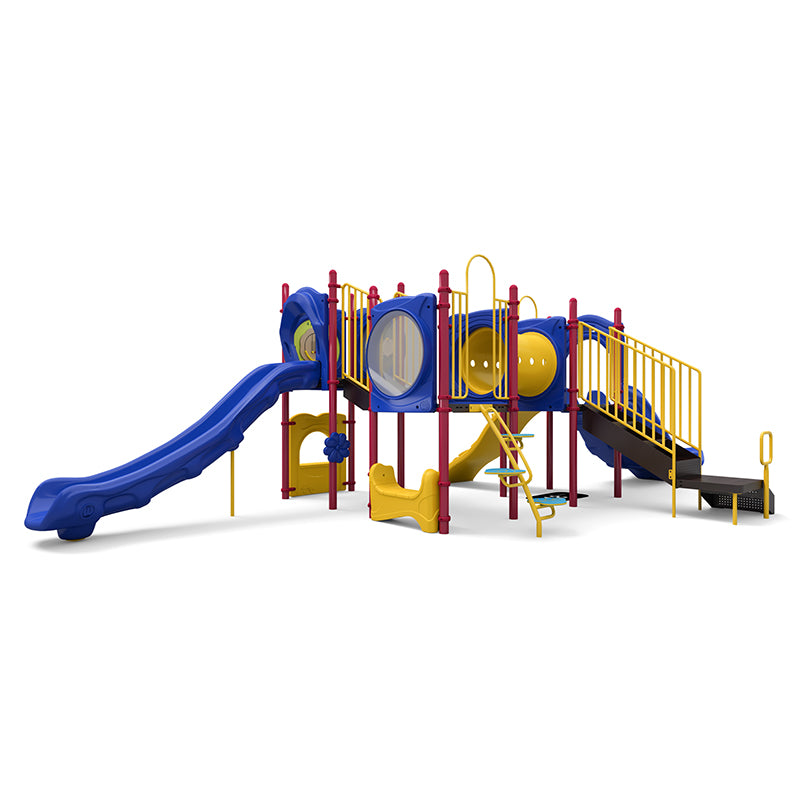 Colorful playground structure with blue and yellow slides, climbing elements, tunnels, interactive panels, and a rain wheel.