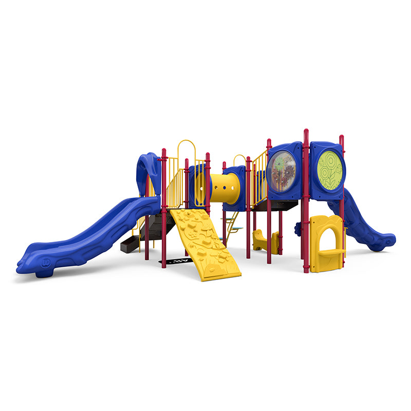 Denver Playground with blue single and double slides, yellow climbing wall, interactive panels, red support posts, and rain wheel on white background