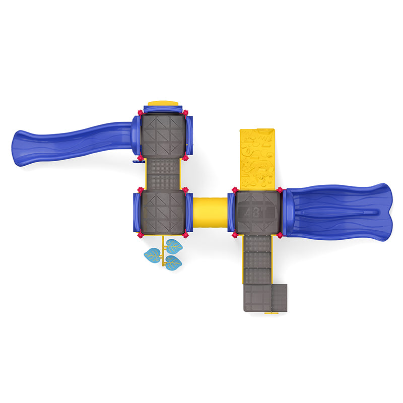 Overhead view of colorful playground with two blue slides, yellow climbing panels, interactive gears, and play features