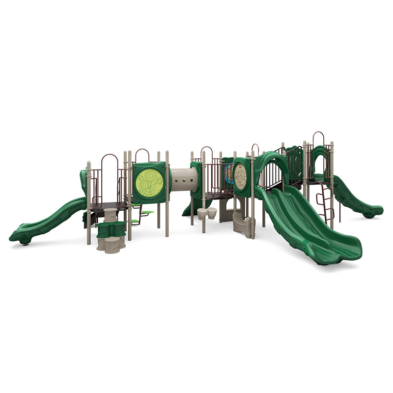 Olympia Playground large play system with multiple green slides, various climbers, crawl tunnel, and interactive educational panels in neutral tones