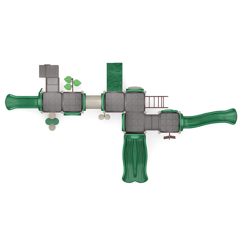 Overhead view of a large green playground structure with multiple slides, climbers, tunnels, and interactive educational panels