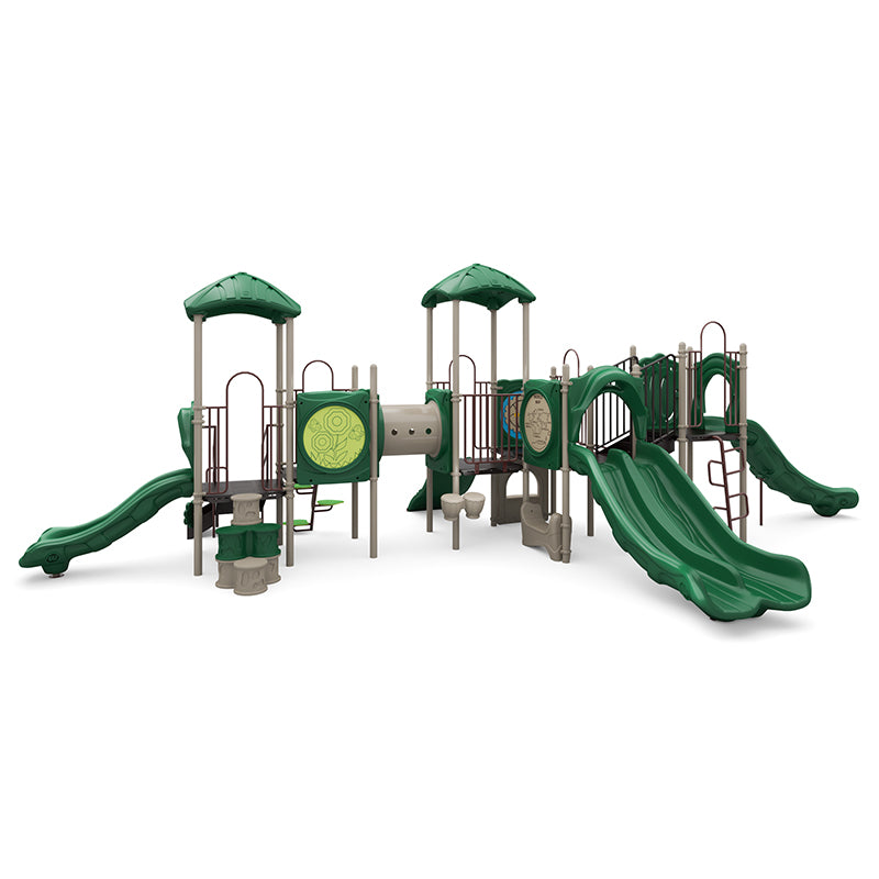 Large green and beige playground structure with multiple slides, climbers, tunnels, and interactive panels for active play and learning.