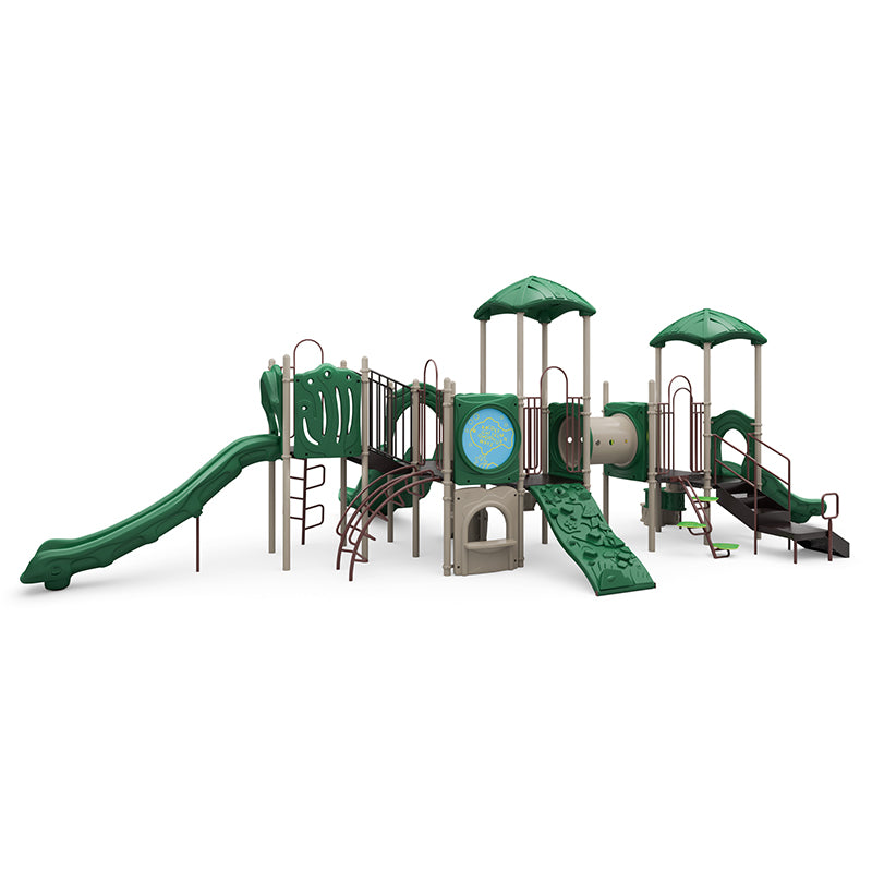 Large outdoor playground structure with multiple slides, climbers, crawl tunnel, educational panels, and musical elements in green and beige.