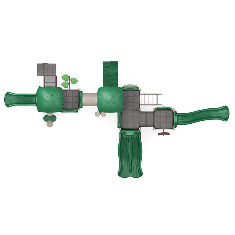 Overhead view of a large green playground structure with multiple slides, climbers, interactive panels, crawl tunnel, and musical elements
