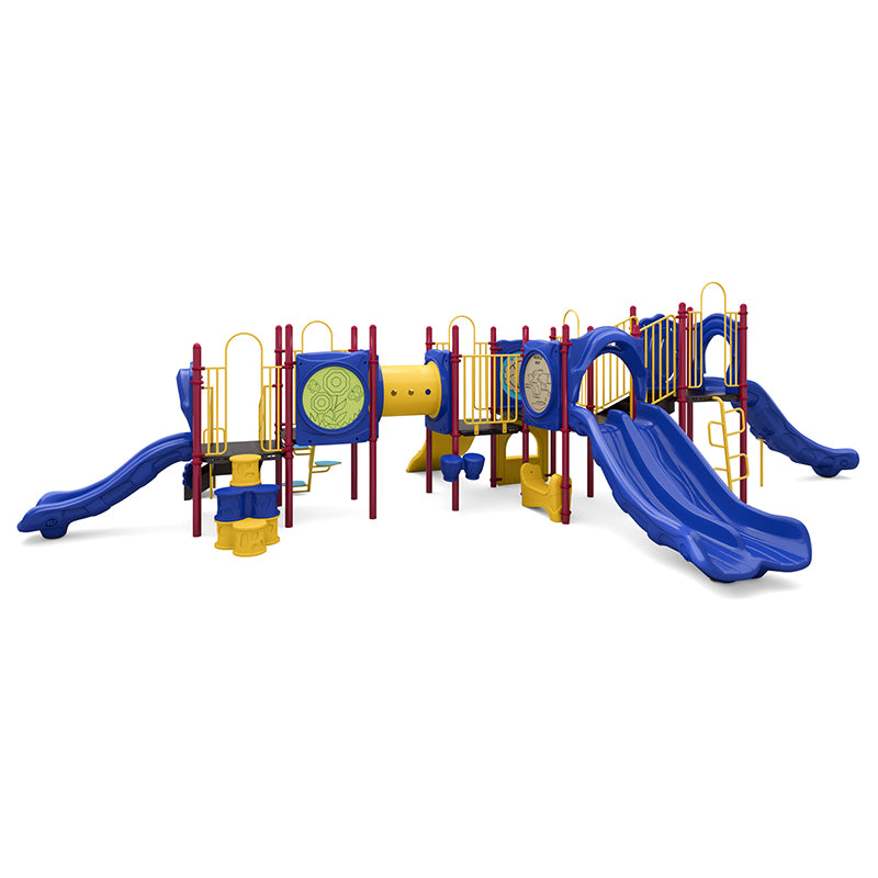 Colorful playground structure with multiple slides, climbers, crawl tunnel, and interactive panels in blue, yellow, and red.