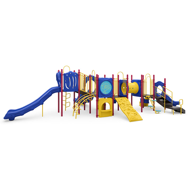 Colorful playground structure with multiple slides, climbers, tunnels, and interactive educational and musical panels for active play