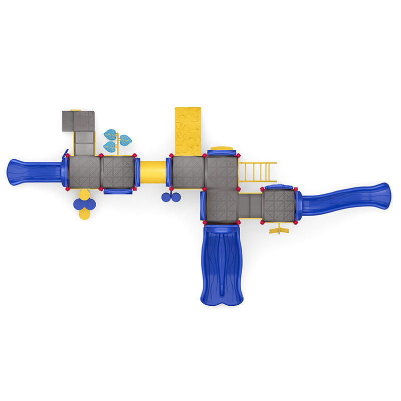 Overhead view of a large playground structure with multiple blue slides, yellow climbing panels, interactive play elements, and musical features