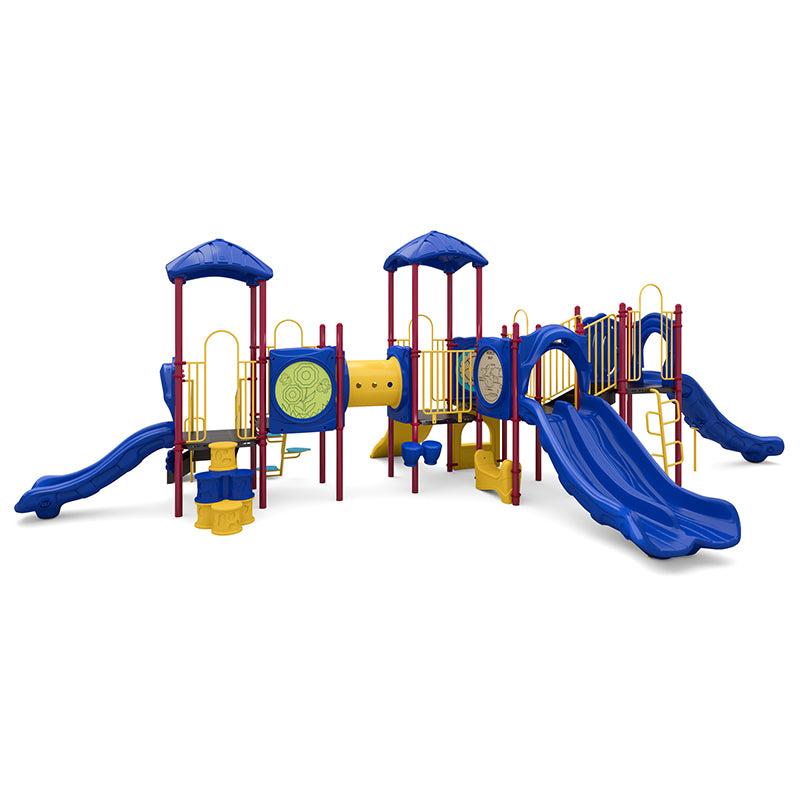 Colorful playground structure with multiple slides, various climbers, interactive panels, a tunnel, and musical elements.