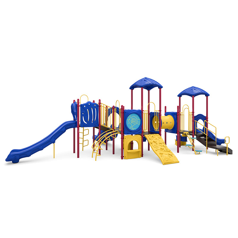 Colorful playground structure with multiple slides, climbers, crawl tunnel, and interactive panels in blue, yellow, and red