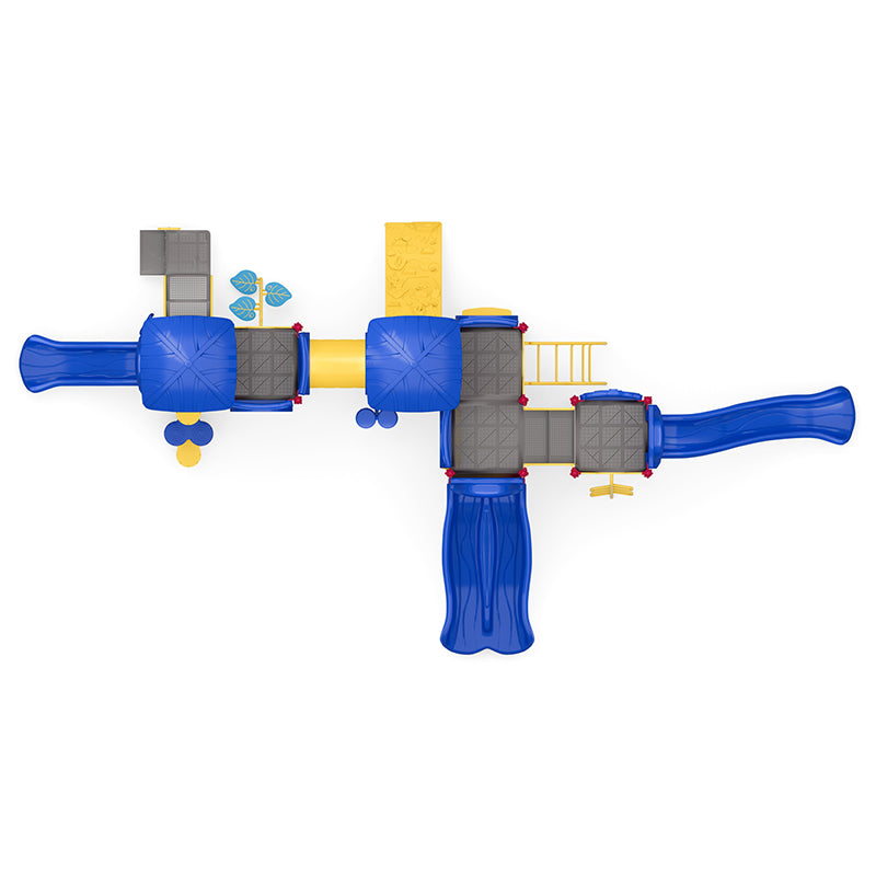Overhead view of large playground with multiple blue slides, yellow climbing elements, interactive panels, and musical features