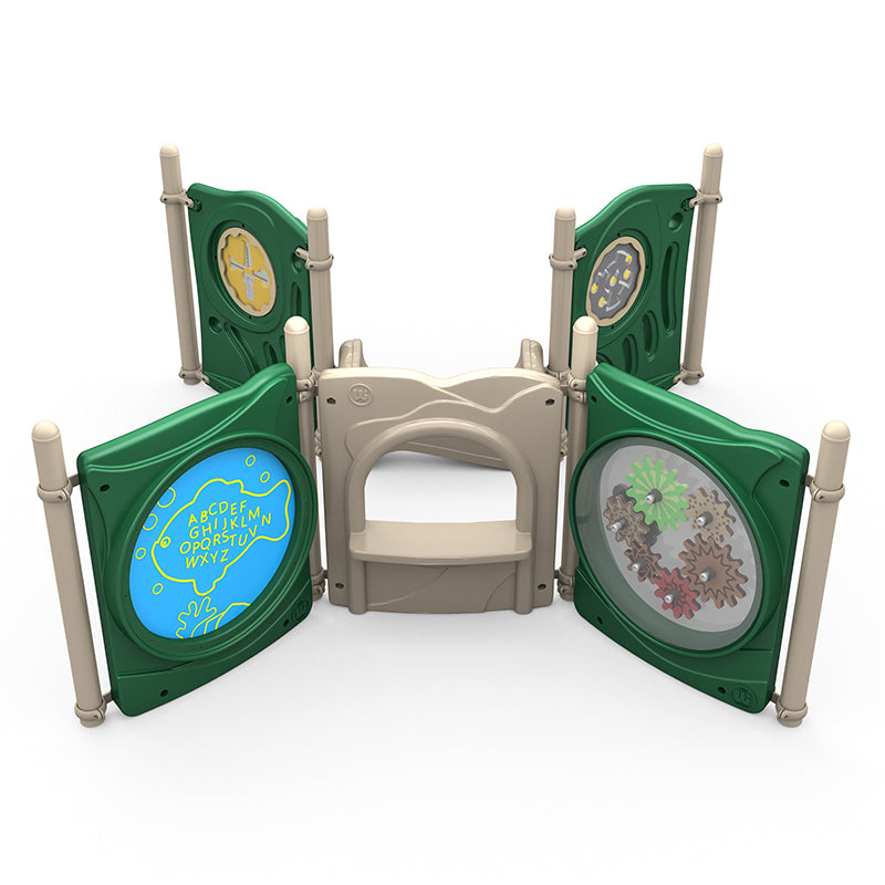 Interactive playground panel set with colorful ABC letters, gears, maze elements, and counting beads in green and beige plastic.