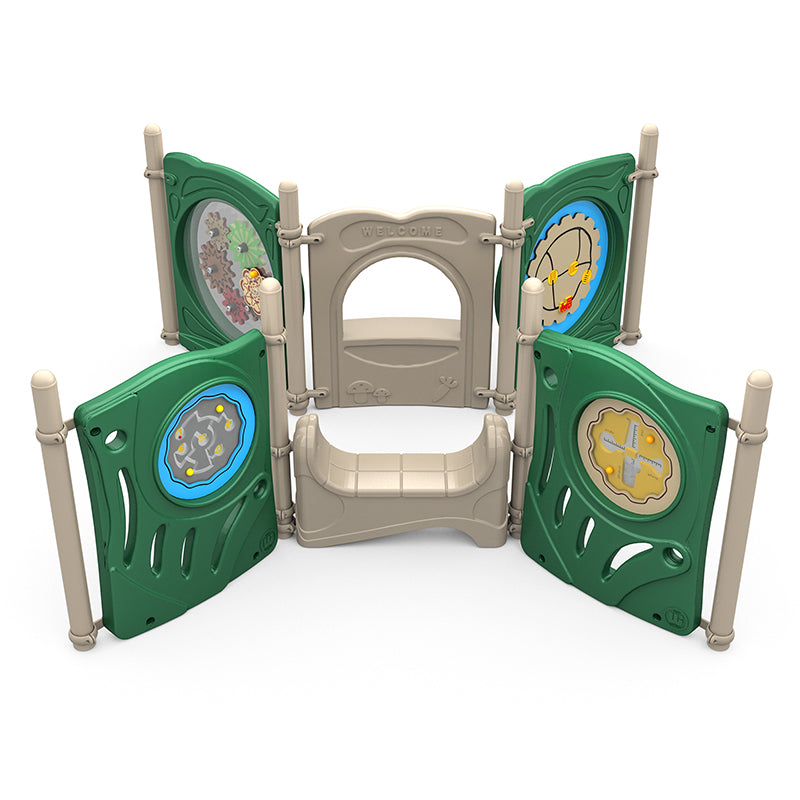 Neutral-toned playground panel set with interactive maze, gears, counting, bead play, and saddle seat arranged in a semi-circle