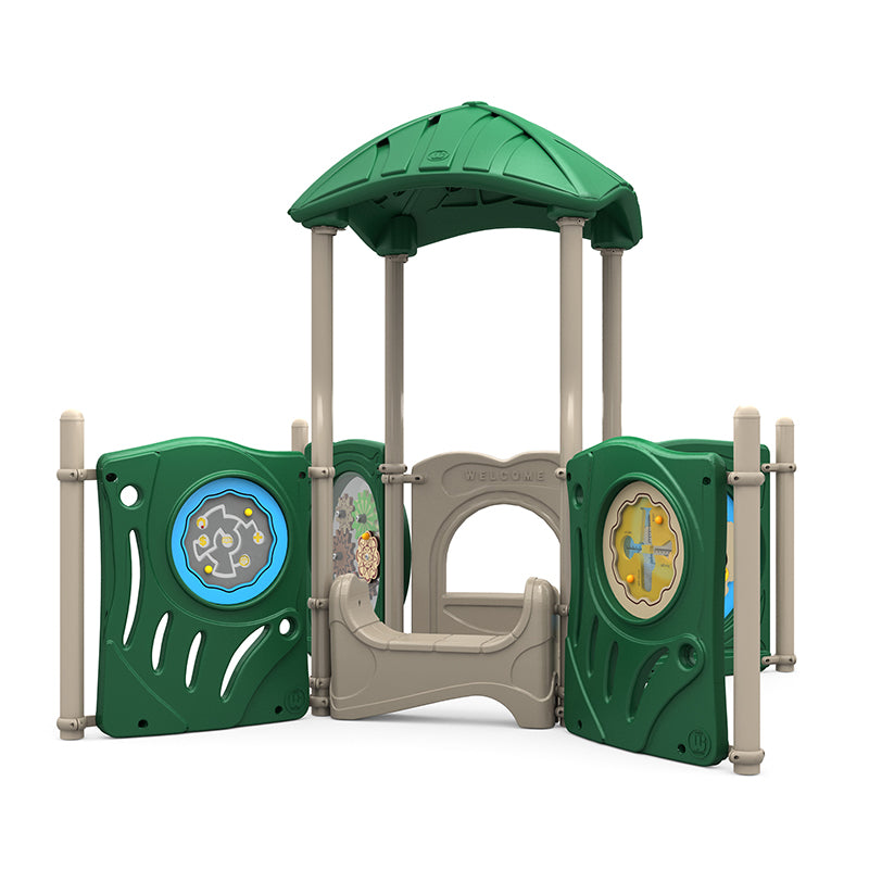Compact children's playground structure with green leaf-shaped roof, interactive ABC, maze, gears, and counting panels, and beige saddle seat.