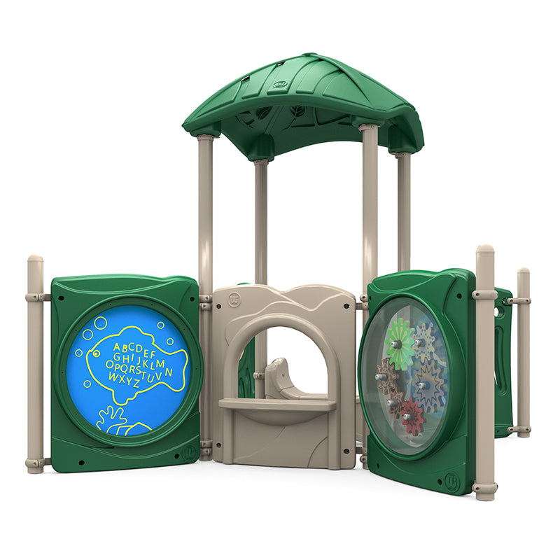 Outdoor children's play structure with green roof, interactive alphabet panel, colorful gear panel, maze, and counting features.