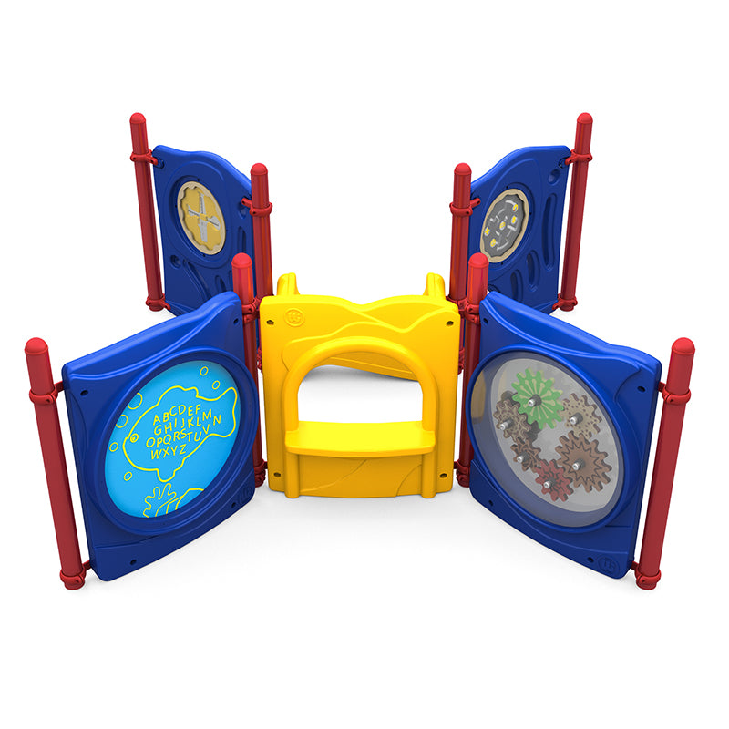 Colorful kids' play structure with interactive ABC panel, gears, maze, counting beads, and saddle seat in a compact design
